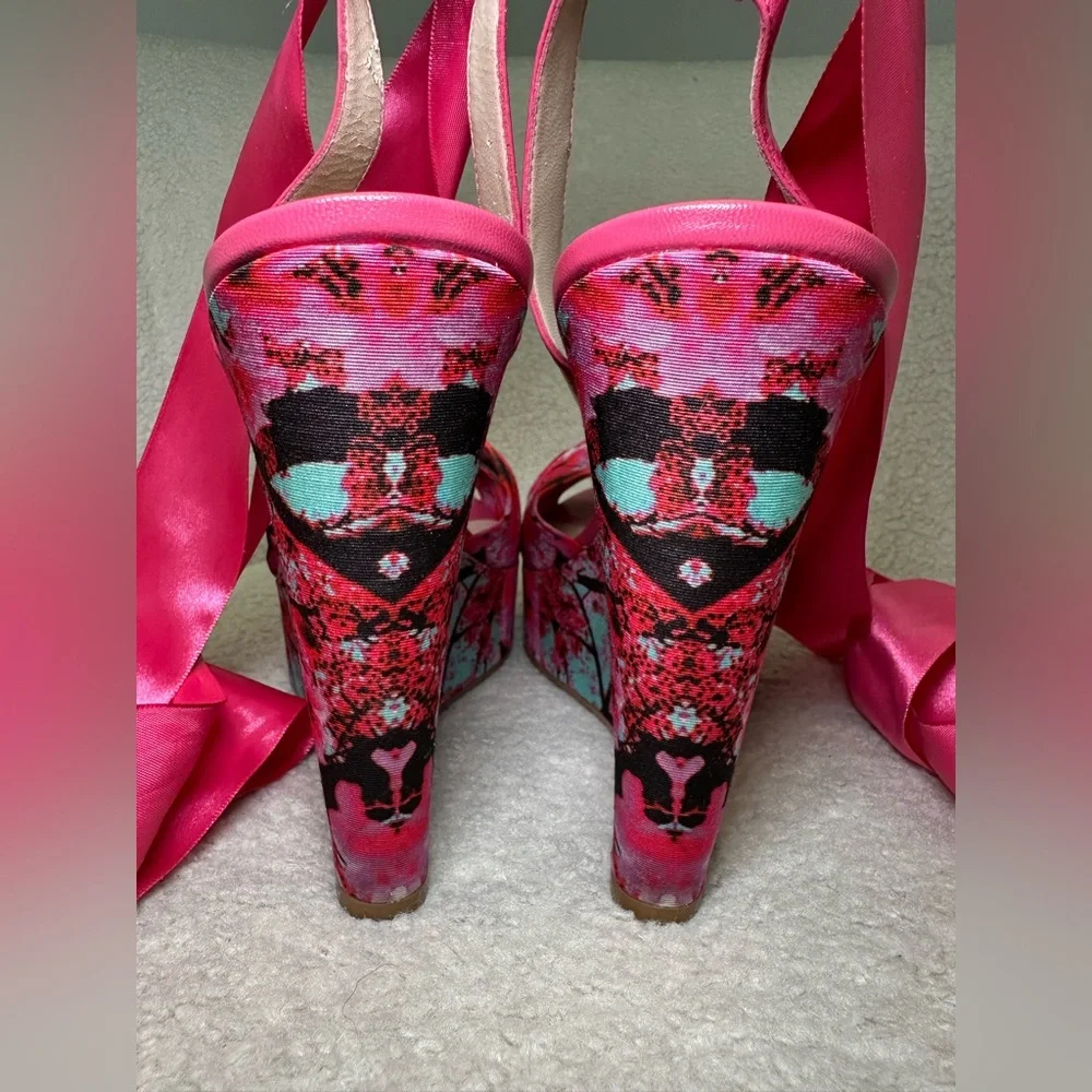 Kirna Zabete wedge platform pink floral flowers ballerina satin leg wrap tie bow